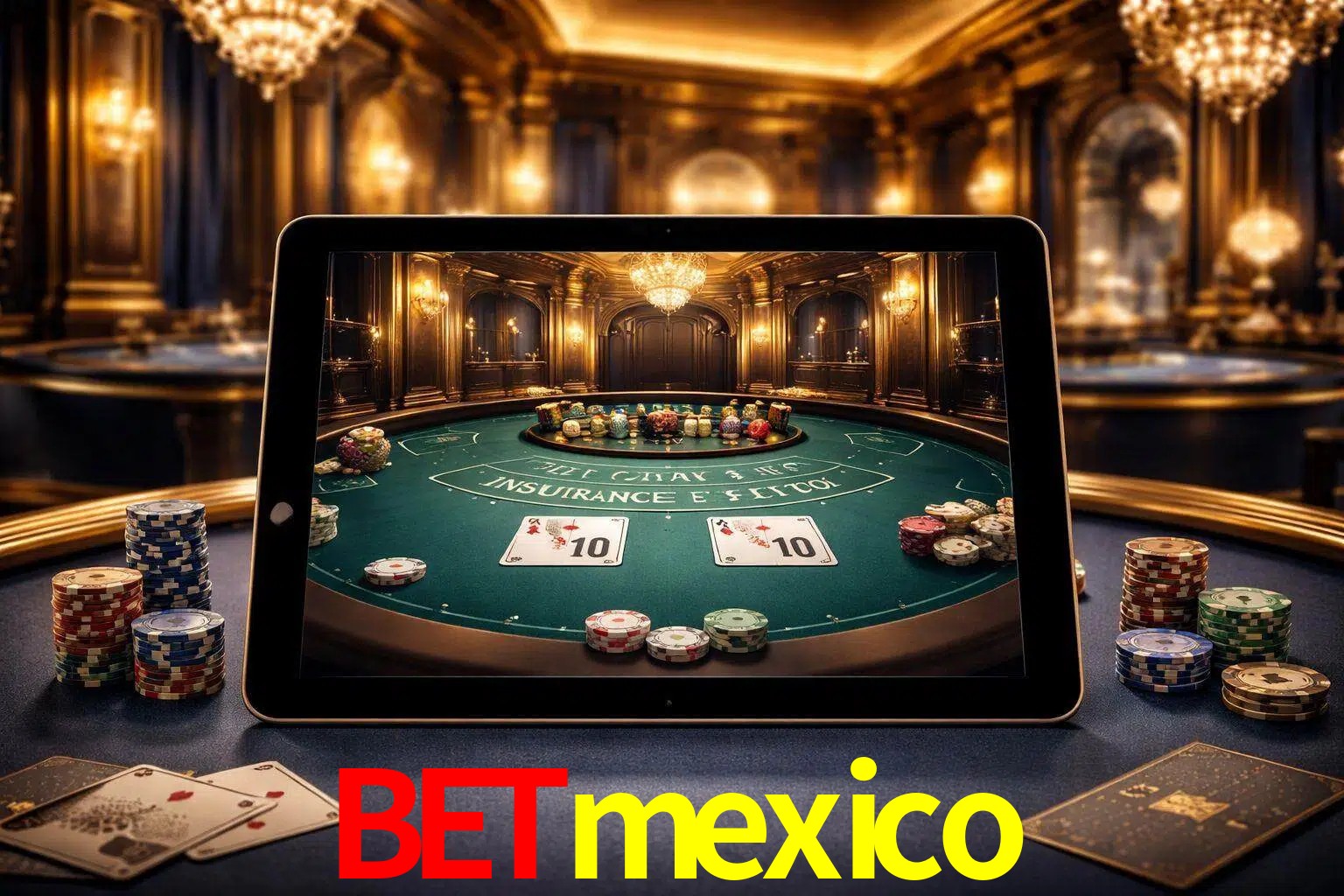 Configuración moderna de casino en vivo con una tableta mostrando una mesa de blackjack, luces cálidas de estudio y una atmósfera elegante de juegos digitales.