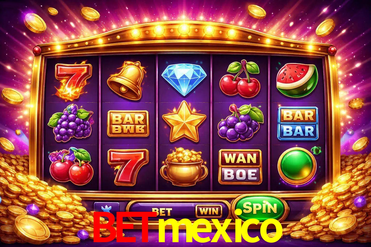 Una interfaz colorida de tragamonedas en línea con símbolos brillantes, monedas y un efecto de victoria celebratoria en Betmexico.