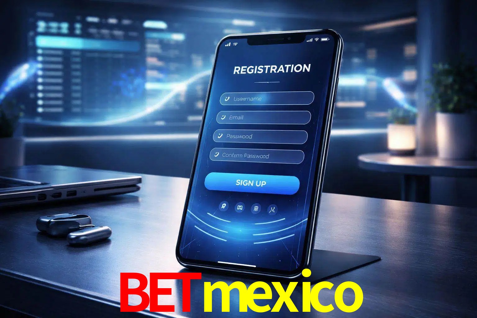 Una interfaz moderna de registro móvil para Betmexico mostrada en un smartphone con un panel de apuestas elegante.